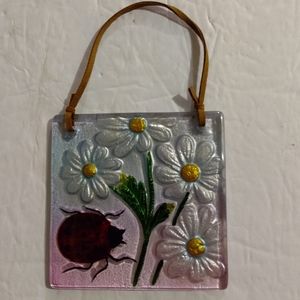 Fused Glass Suncatcher  Ladybug &  Daisies Wall Window Plaque  Flower Po…